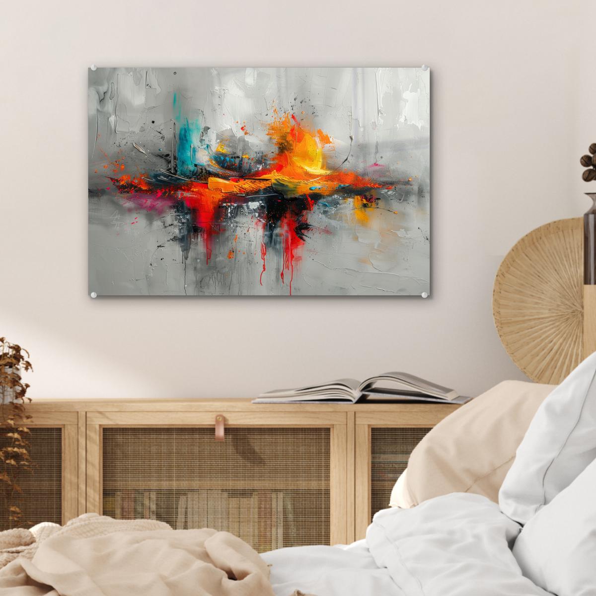 ACRYLGLASBILD Moderne Kunst - Orange - Grau - Abstrakt Wanddeko 60x40 cm - Hellgrau, Glas (60/40cm) - MuchoWow
