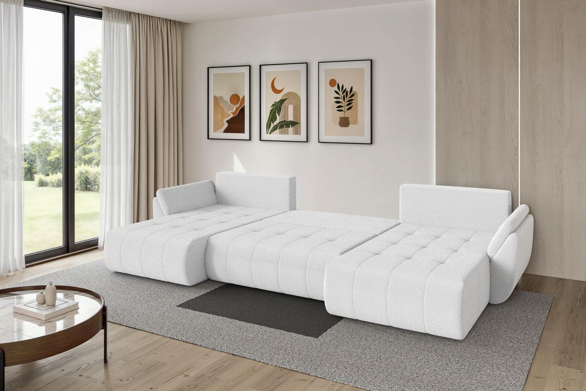 WOHNLANDSCHAFT mit Schlaffunktion und Bettkasten TOKO-U 378x194x86 Weiß Bouclé - Schwarz/Weiß, Holzwerkstoff/Kunststoff (378/86/194cm) - ALTDECOR