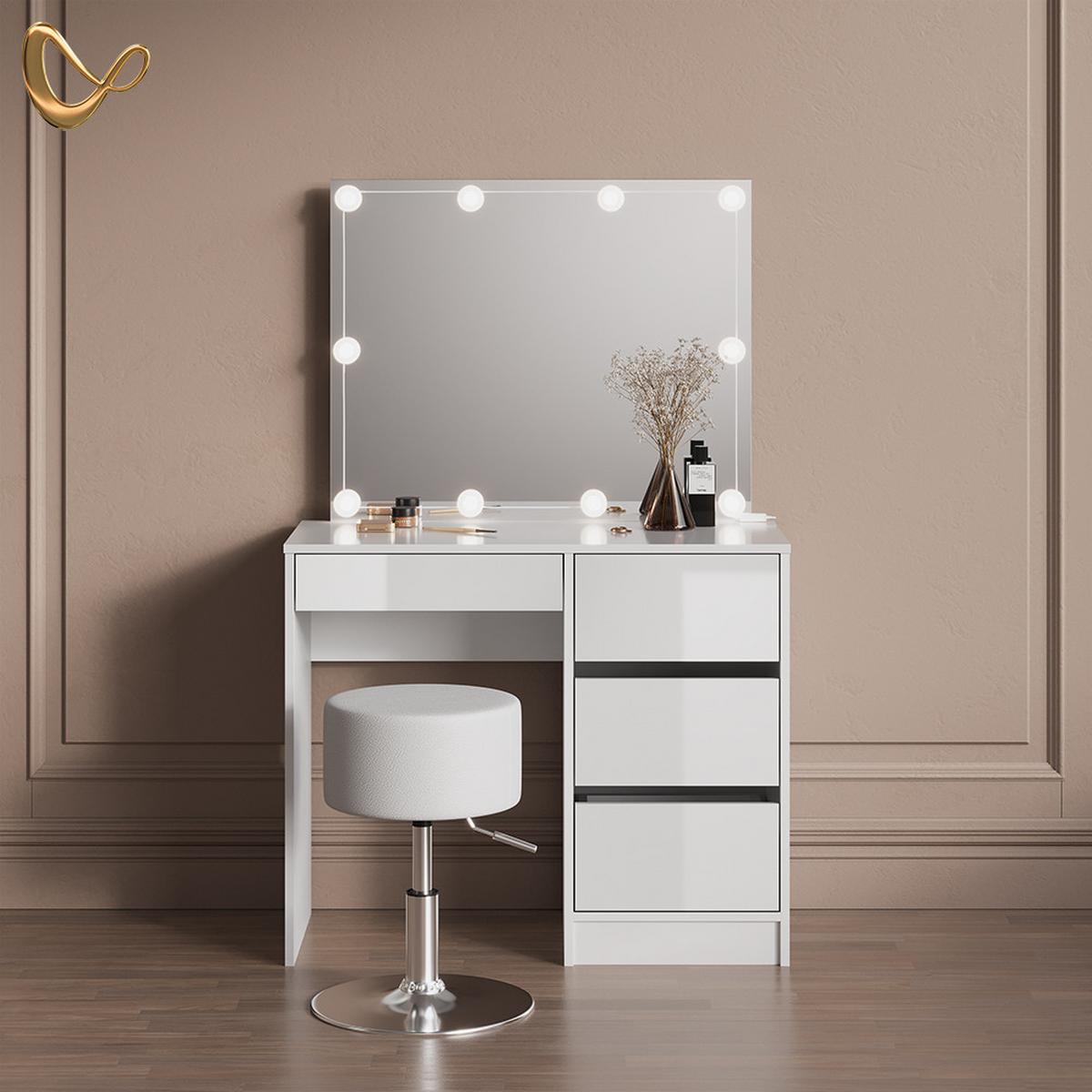 SCHMINKTISCH Imola Weiß mit LED Beleuchtung und Hocker - Weiß, Holzwerkstoff (90/75/40cm) - Livinity®