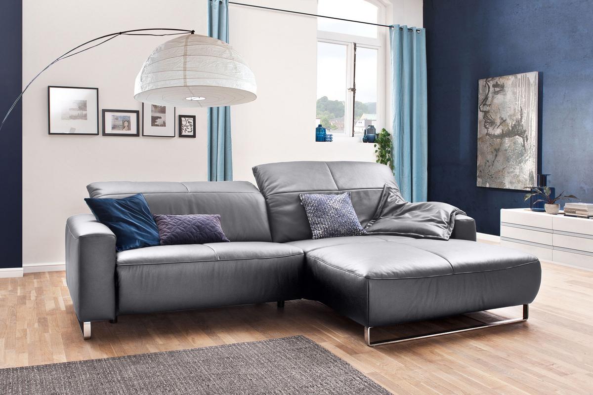 ECKSOFA MIT SITZTIEFENVERSTELLUNG YORK Hellgrau Leder Relaxfunktion - Silberfarben/Hellgrau, Leder (284/180cm) - KAWOLA
