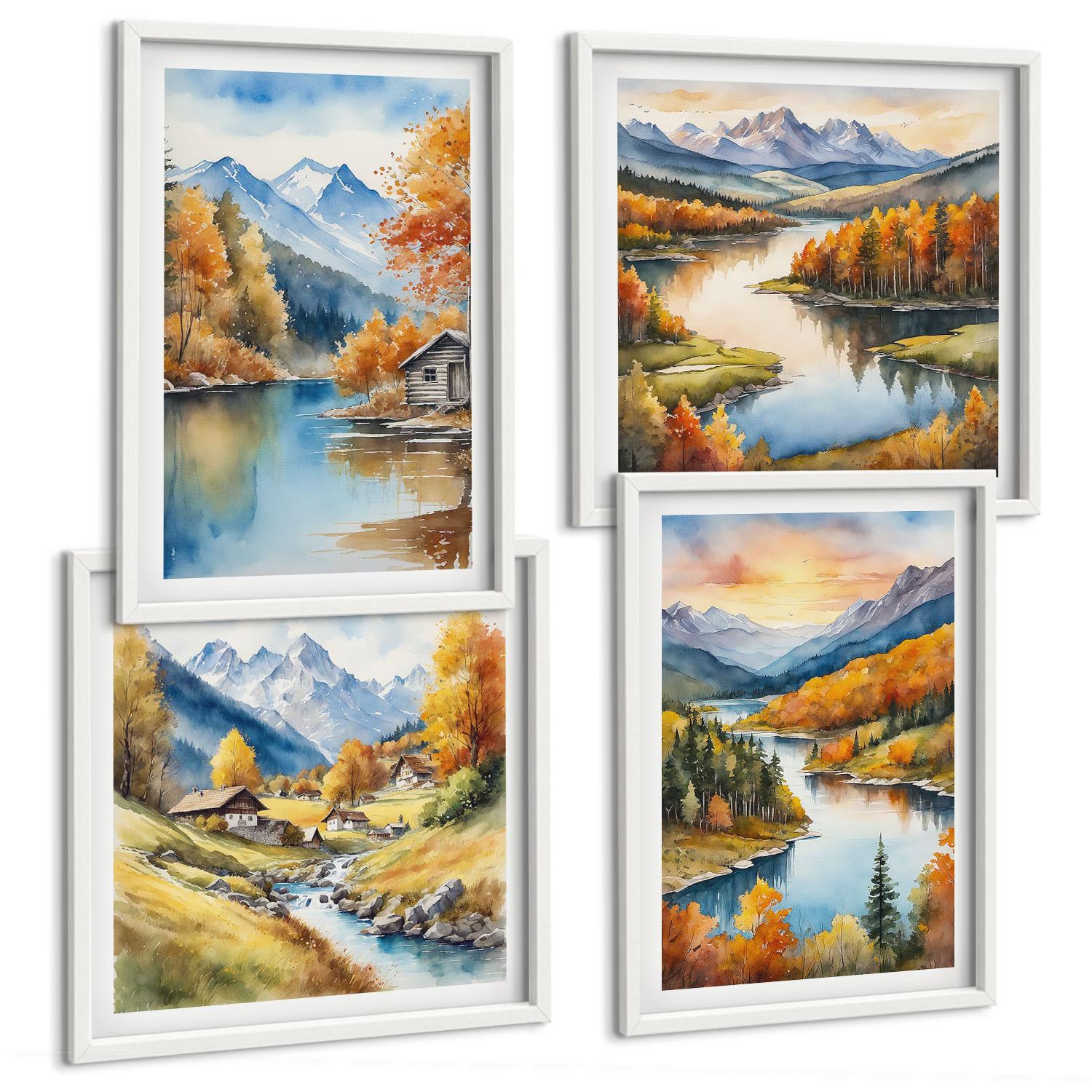 BILDER SET 4er Set - 50x50 cm & 40x60 cm Weißer Rahmen - Herbstliche Berge, Flusshütte - Weiß, Kunststoff (50/50cm) - TULUP