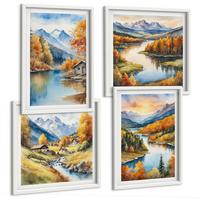 BILDER SET 4er Set - 50x50 cm & 40x60 cm Weißer Rahmen - Herbstliche Berge, Flusshütte - Weiß, Kunststoff (50/50cm) - TULUP