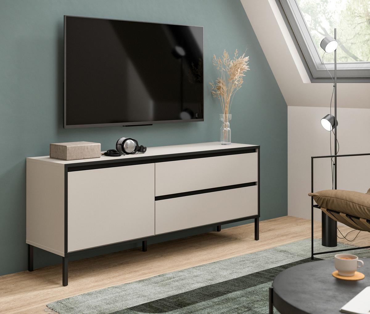 LOWBOARD Sand / Kaschmir mit schwarz, Flat-TV Unterschrank 150 cm, Komforthöhe - Sandfarben/Kaschmir, Holzwerkstoff/Metall (150/62/38cm) - Inn.Furn