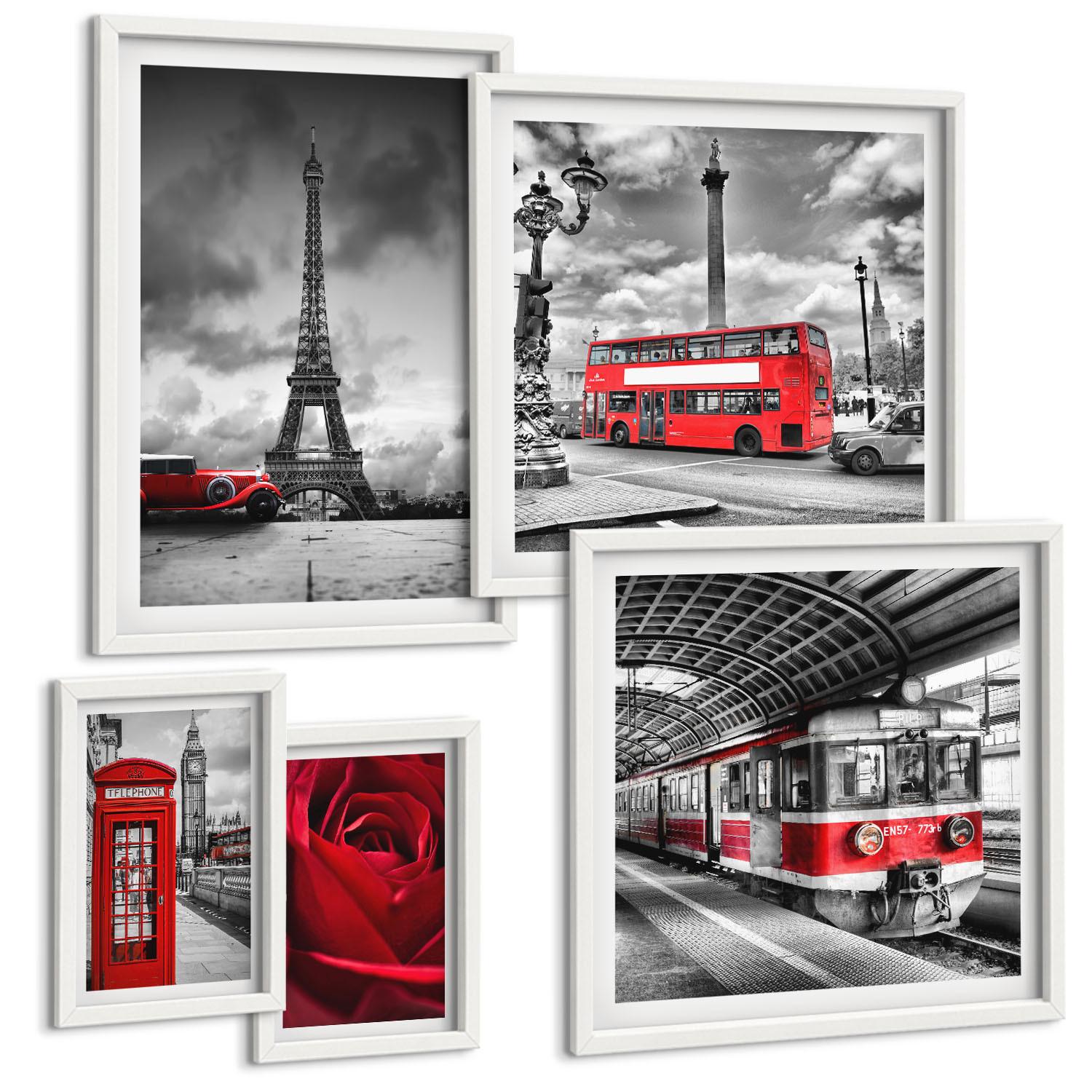 BILDER SET 5er Set - 50x50 cm & 20x30 cm & 40x60 cm Weißer Rahmen - Ikonische Städte London Paris Eisenbahn - Weiß, Kunststoff (40/60cm) - TULUP