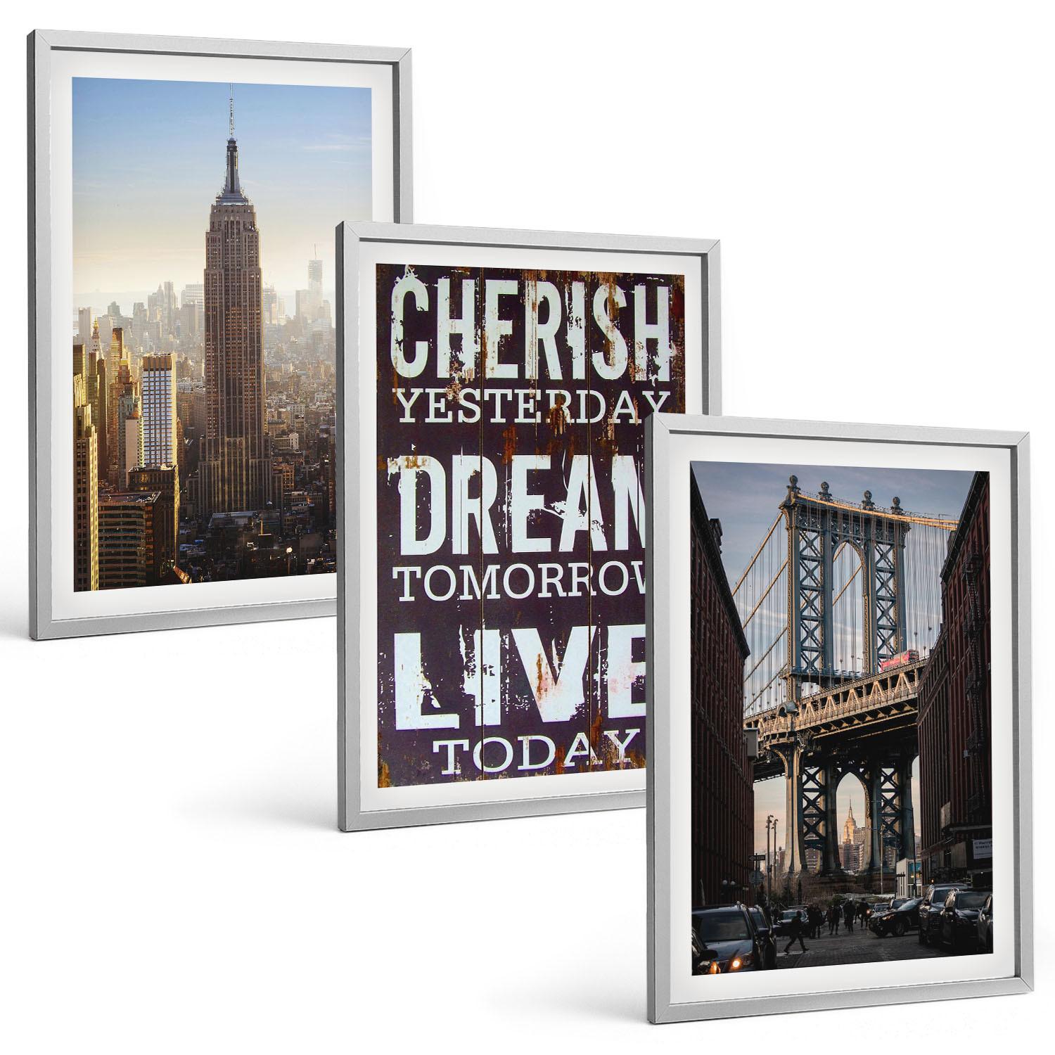BILDER SET 3er Set - 40x60 cm Silberner Rahmen - Zitat über New Yorker Landschaften - Silberfarben, Kunststoff (40/60cm) - TULUP