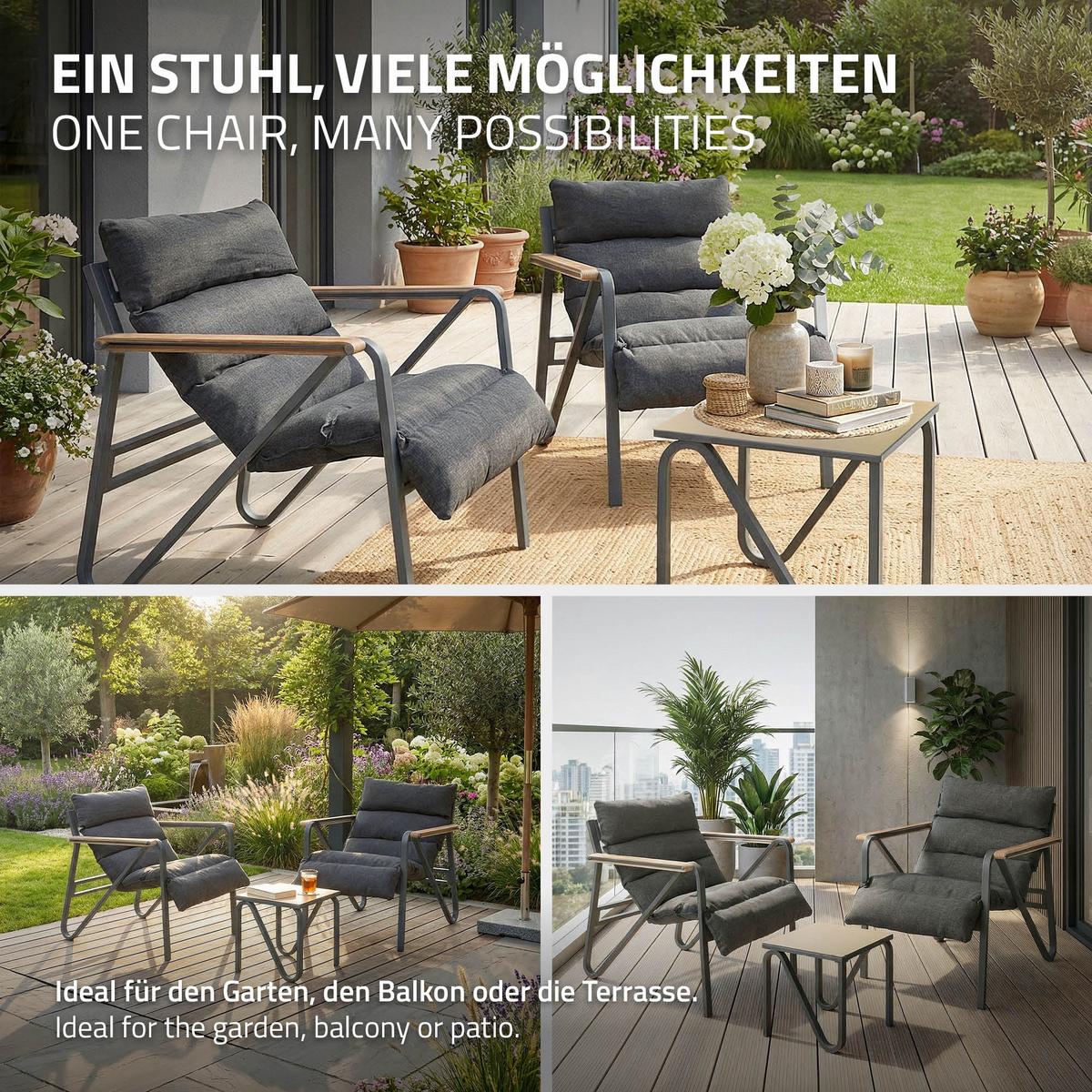 GARTENMÖBEL Set 3 tlg Anthrazit-Grau mit Stahlgestell - Anthrazit/Braun, Textil/Metall - ML-DESIGN
