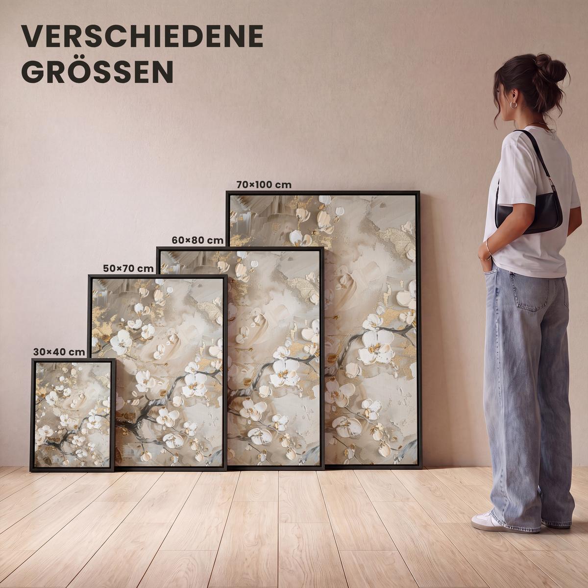 LEINWAND Bilder mit Rahmen - Blumen - Weiß - Gold - Beige - Luxus - 30x40 - Greige, Textil (30/40cm) - MuchoWow