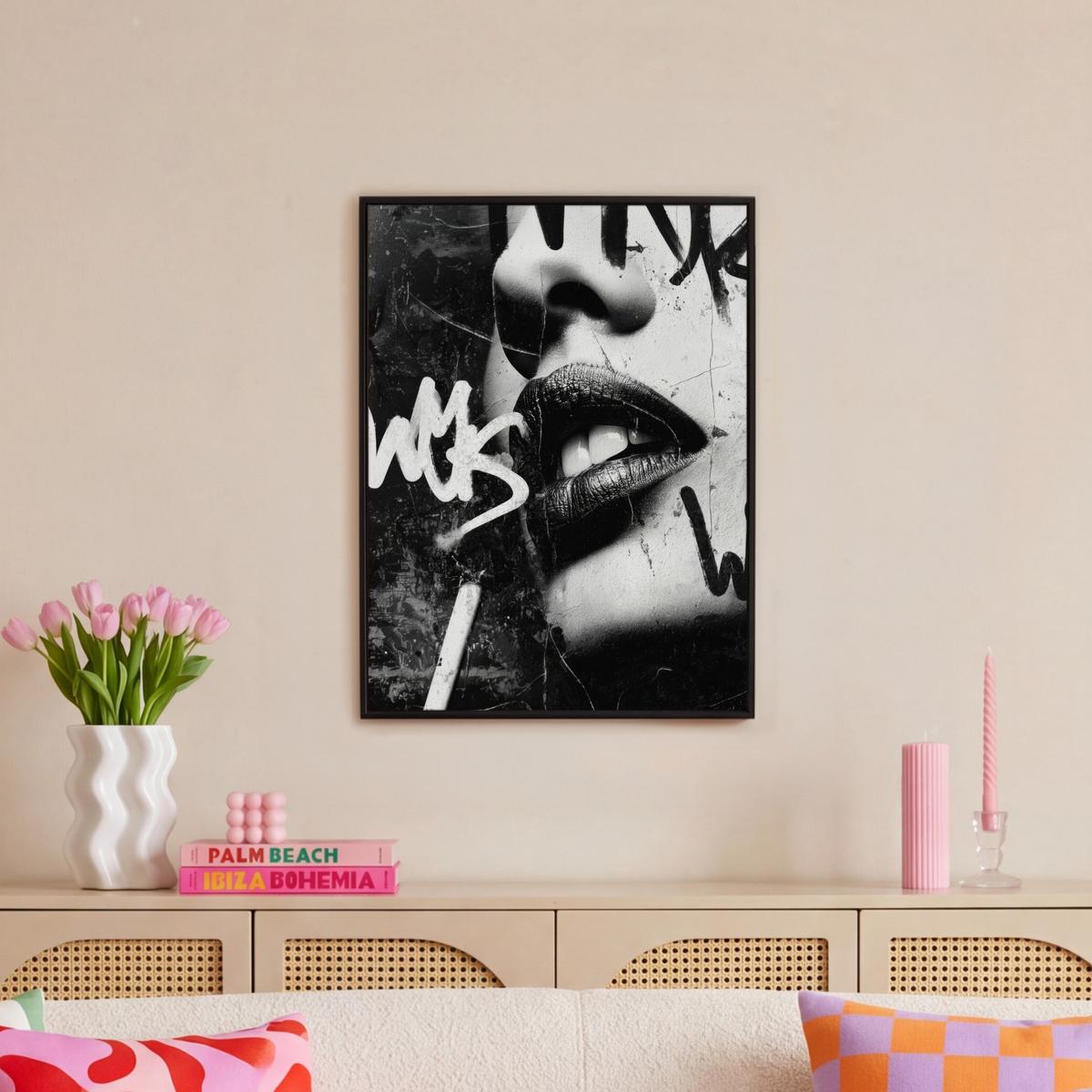 LEINWAND Bilder mit Rahmen - Gesicht - Mund - Graffiti - Schwarz - 60x80 - Schwarz, Textil (60/80cm) - MuchoWow
