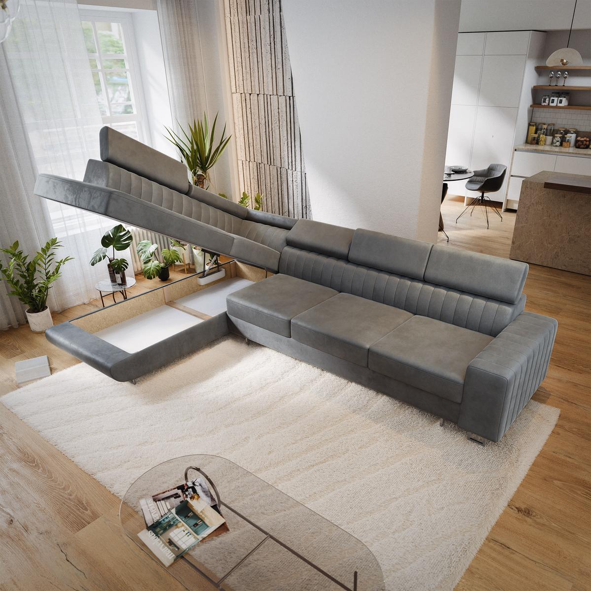 ECKSOFA HESTION Grau Velours-Stoff mit Schlaffunktion - Grau, Holz (332/190cm) - MASSENO