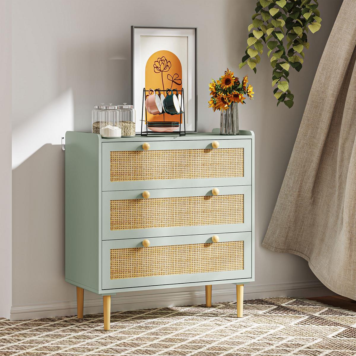 SCHLAFZIMMER-KOMMODE mit 3 Schubladen, Rattan-Fronten, MDF, Grün - Hellblau, Holzwerkstoff (40/87.5/80cm) - HOMCOM