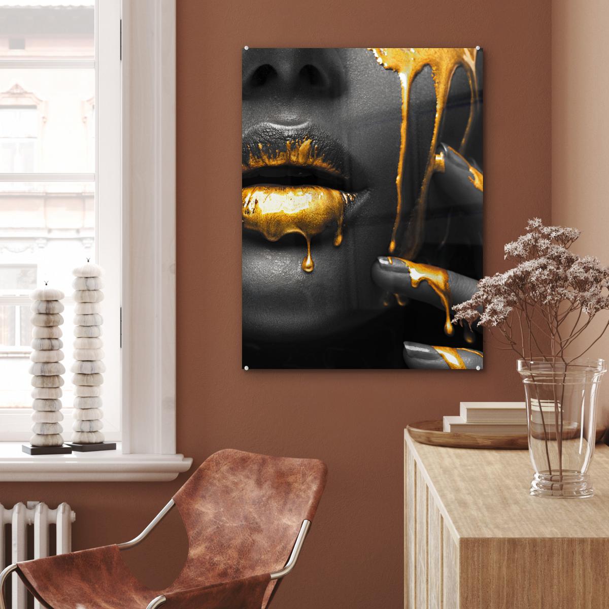 ACRYLGLASBILD Frau - Schwarz - Gold - Gesicht - Lippen 60x80 cm - Goldfarben, Glas (60/80cm) - MuchoWow