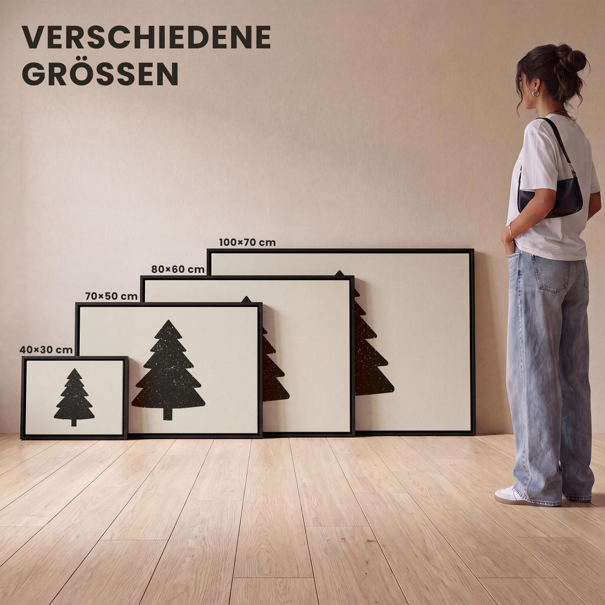 LEINWAND Bilder mit Rahmen - Weihnachtsbaum - Schwarz - Urlaub - Beige - 100x70 - Schwarz, Textil (100/70cm) - MuchoWow