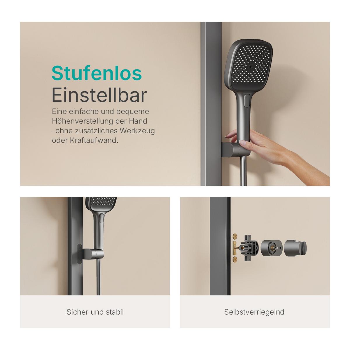 ÜBERKOPFBRAUSESET mit Thermostat Einstellbarer Durchfluss 4-Strahl 105/40,2/57,3 cm - Anthrazit, Metall (40.2/105/57.3cm) - EMKE