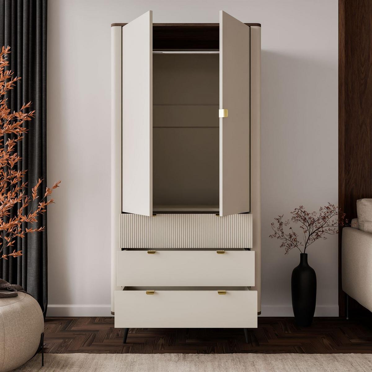 KLEIDERSCHRANK AUTUMN 2D3S zweitürig mit Schubladen, Kaschmir / Nussbaum - Beige, Holzwerkstoff (90/191/40cm) - Lookway