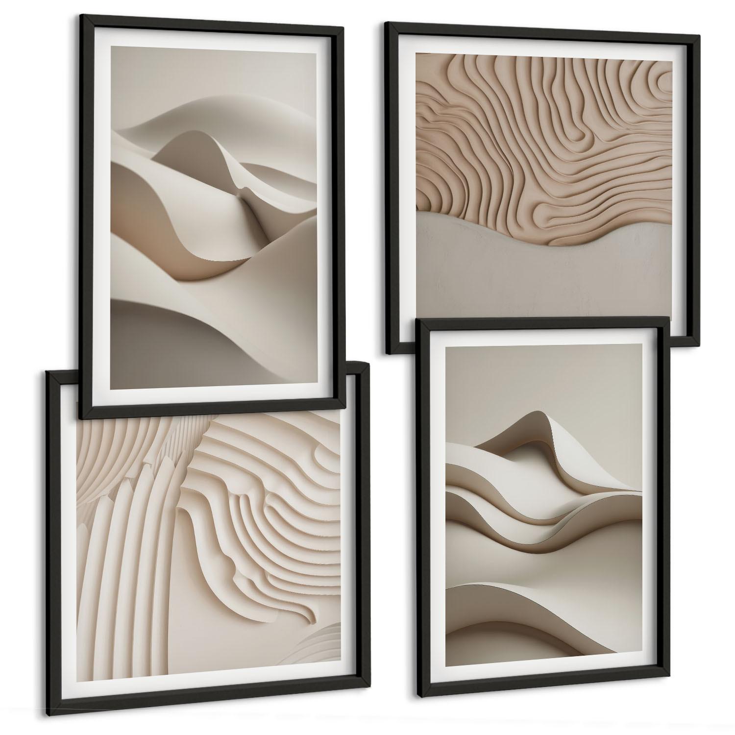 BILDER SET 4er Set - 50x50 cm & 40x60 cm Schwarzer Rahmen - Abstrakte beige Wellen - Schwarz, Kunststoff (50/50cm) - TULUP