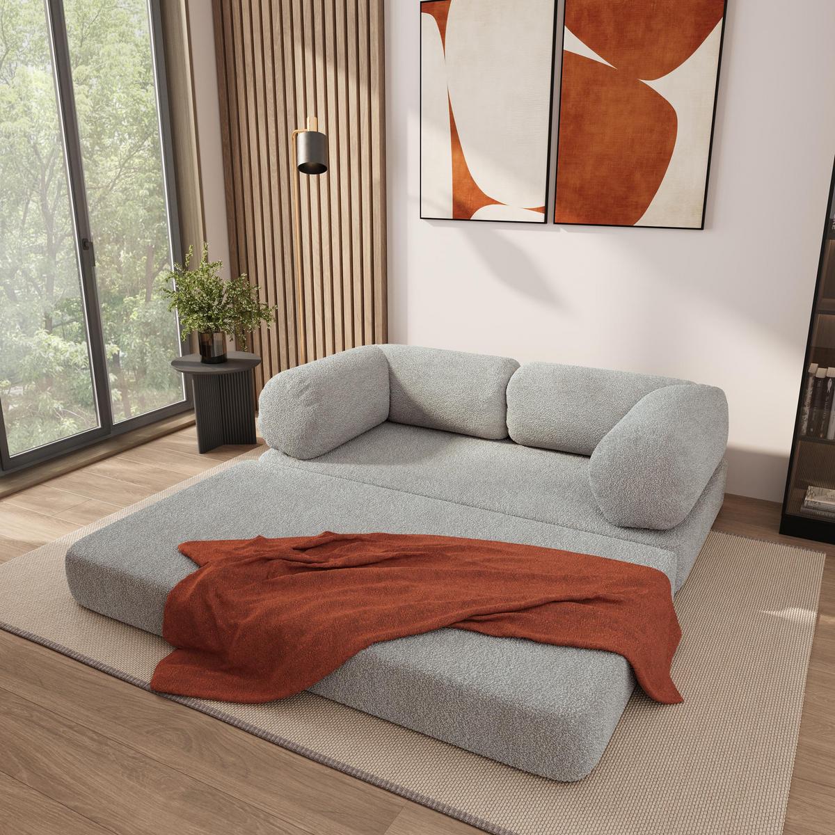 BETTSOFA EIREN aus Schaumstoff Bucle-Stoff Hellgrau Schlaffunktion - Hellgrau, Textil (170/68/80cm) - MASSENO