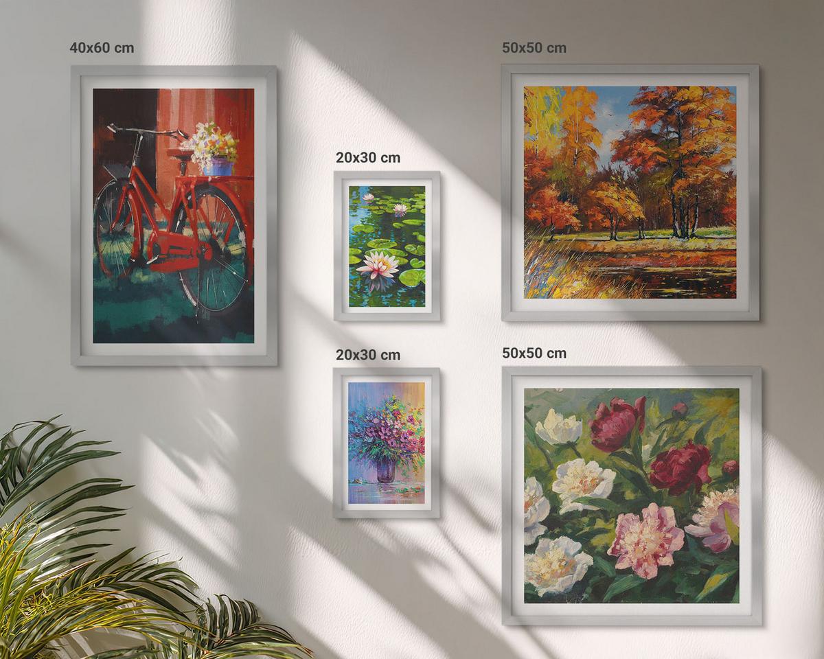 BILDER SET 5er Set - 50x50 cm & 20x30 cm & 40x60 cm Silberner Rahmen - Seerosen, Fahrradblumen - Silberfarben, Kunststoff (40/60cm) - TULUP