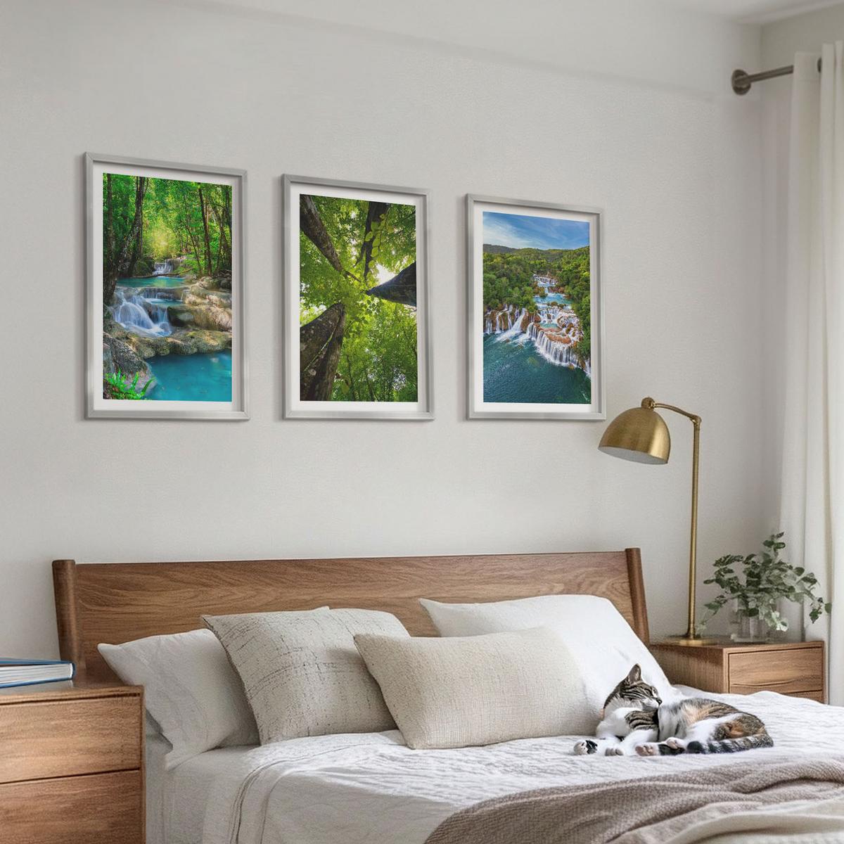 BILDER SET 3er Set - 40x60 cm Silberner Rahmen - Wasserfälle grüner Wald Wasser - Silberfarben, Kunststoff (40/60cm) - TULUP