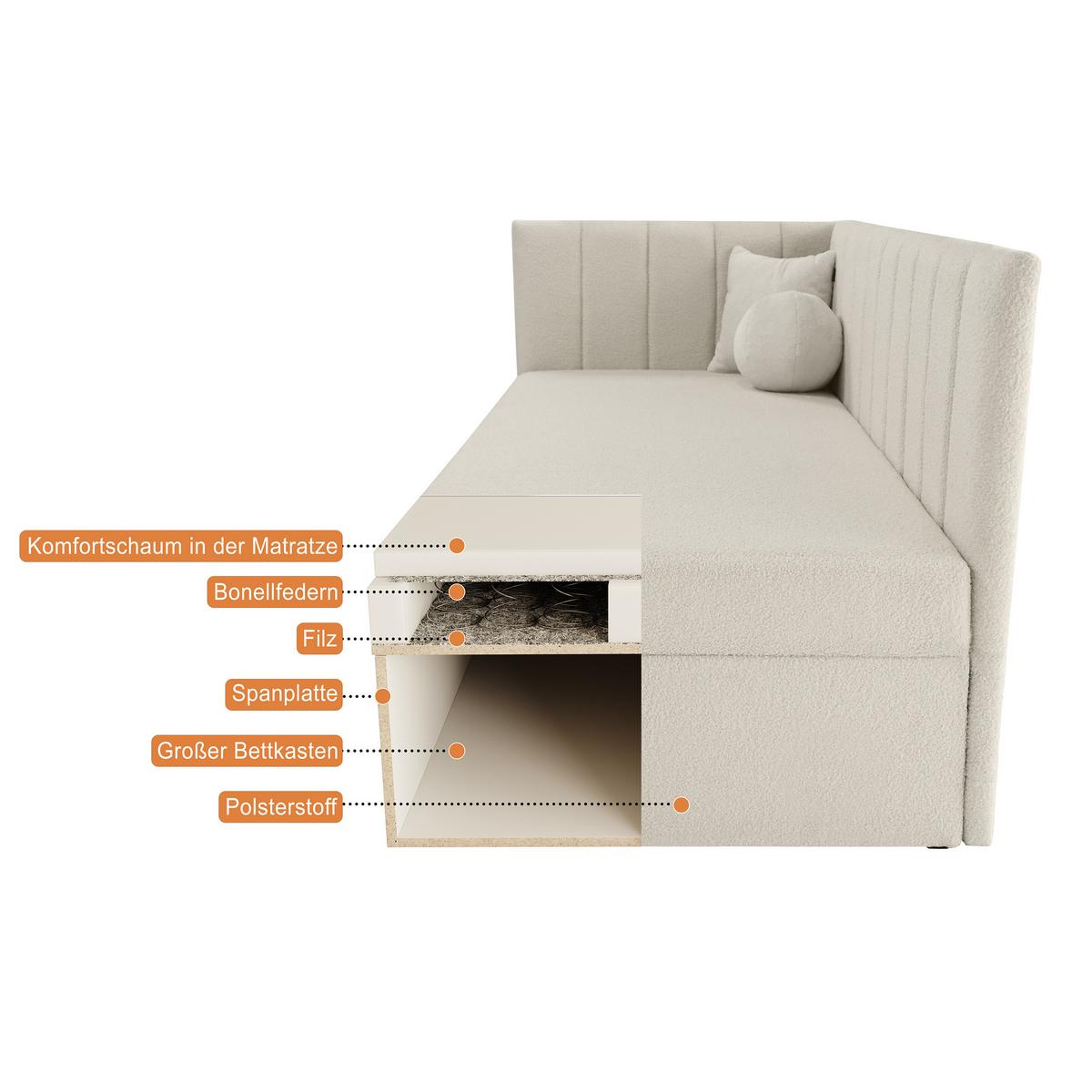 SCHLAFSOFA Rafi, Eckbett mit Bettkasten, 90x200 cm, Beige - Beige, Textil (209/94/102cm) - Beautysofa