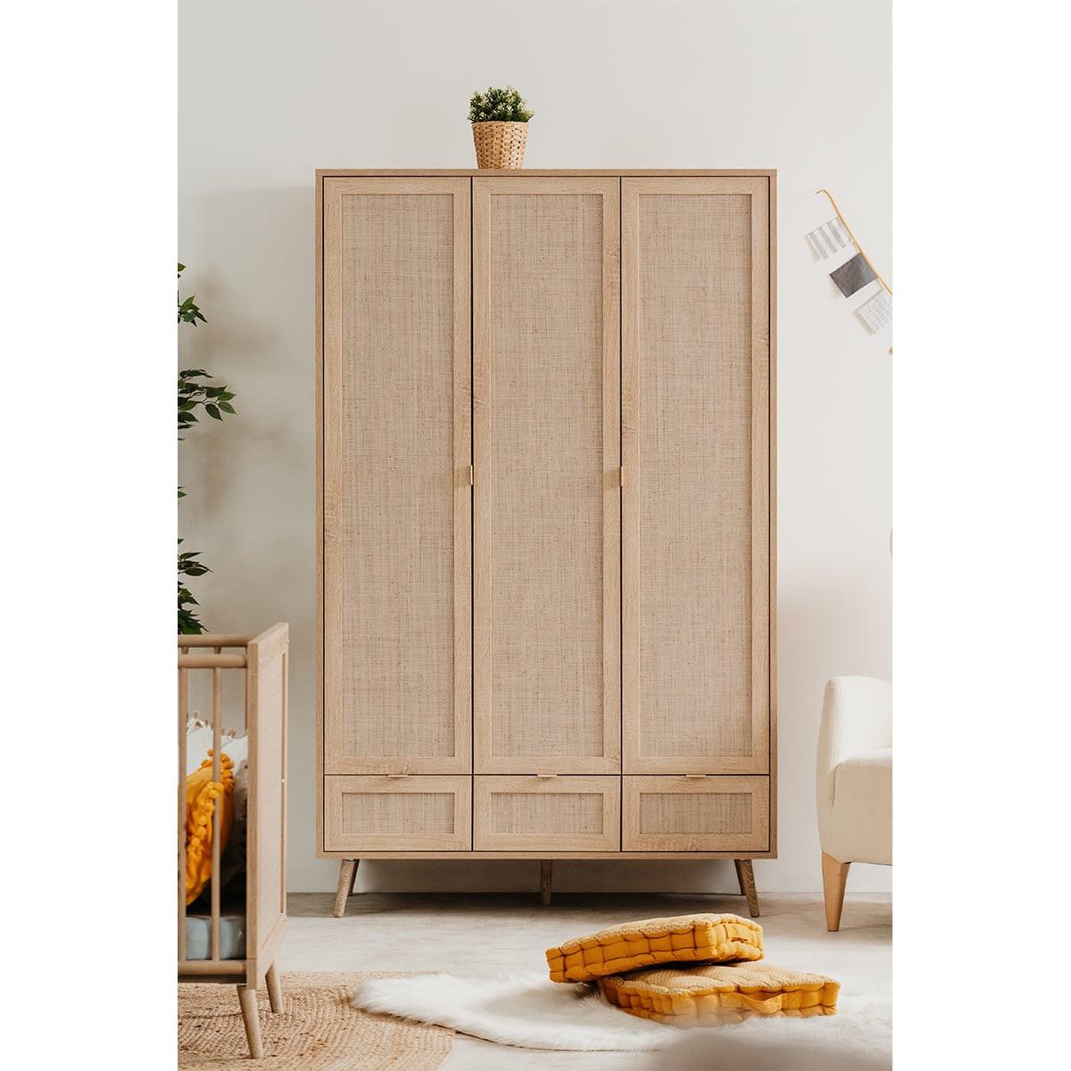 SCHRANK mit 3 Türen, 3 Schubladen, 2 Kleiderstangen L120cm - Rattan-Druck - Bali - Eschefarben, Holzwerkstoff (55/195/5.5cm) - Calicosy