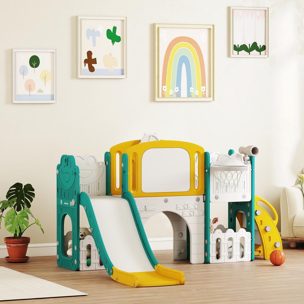 KINDERRUTSCHE 7 in 1 Indoor und Outdoor Babyrutsche mit Basketballkorb, Gelb - Gelb, Kunststoff (150/94/176cm) - AIYAPLAY