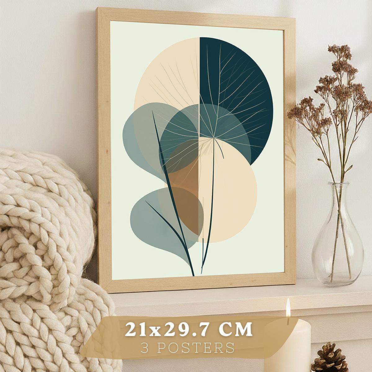 POSTER 3er Kunstdruck-Set Wandbilder Floral Abstrakt Blau Grün modern Wohnzimmer Deko, Schlafzimmer, Küche, Badezimmer Rahmenlos A3 - Beige, Papier (29.7/1/42cm) - Nacnic