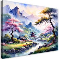 LEINWANDBILD, Japanische Pagode Pastelllandschaft - Multicolor, Textil (120/80cm) - Feeby