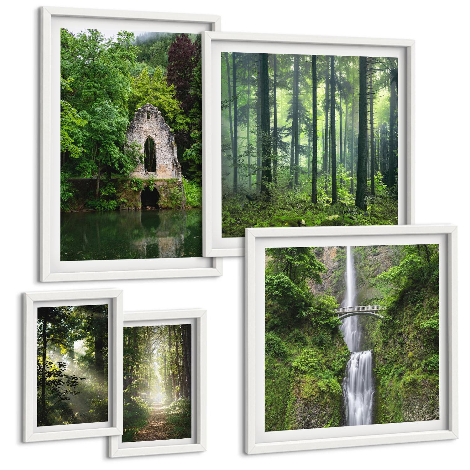 BILDER SET 5er Set - 50x50 cm & 20x30 cm & 40x60 cm Weißer Rahmen - Grüne Wälder, Lichtstrahlen - Weiß, Kunststoff (40/60cm) - TULUP