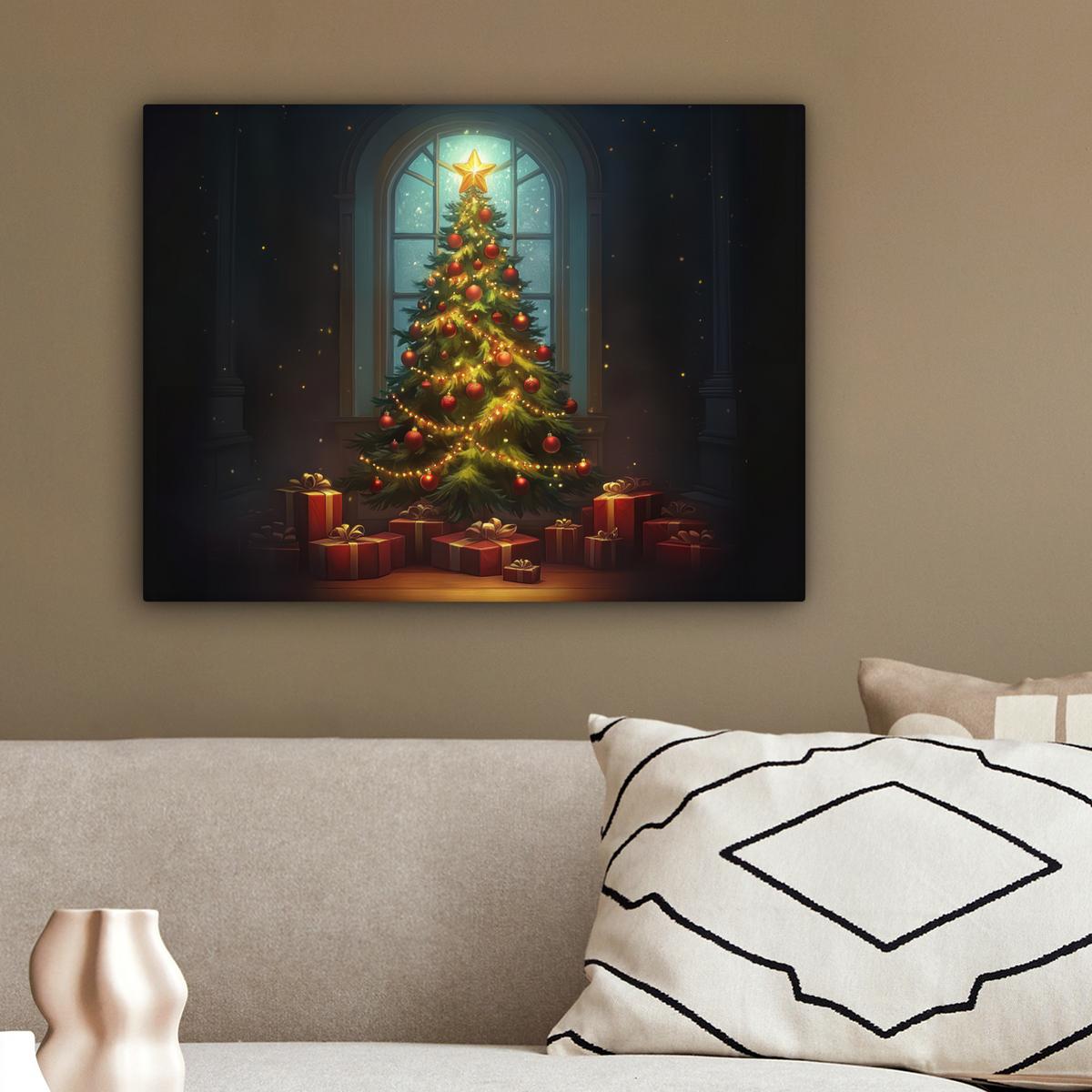 LEINWANDBILD Weihnachtsbaum - Geschenk - Winter Wandbild 40x30 cm - Grün, Textil (40/30cm) - MuchoWow