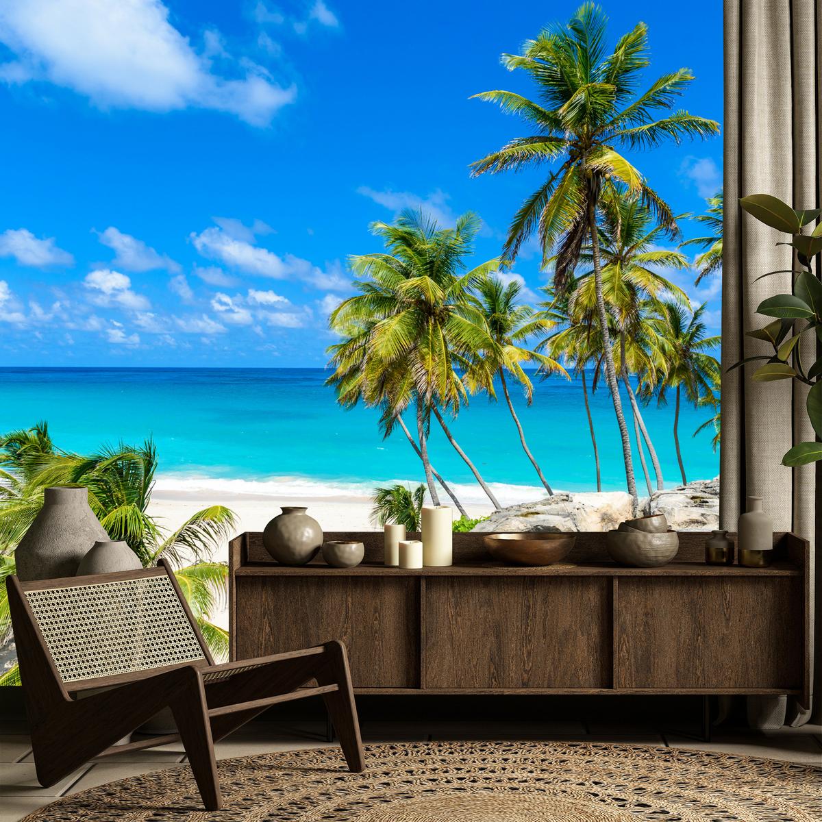 FOTOTAPETE Strand Palmen Ozean Landschaft 3D 300x210 - Blau/Beige, Papier (300/210cm) - Muralo