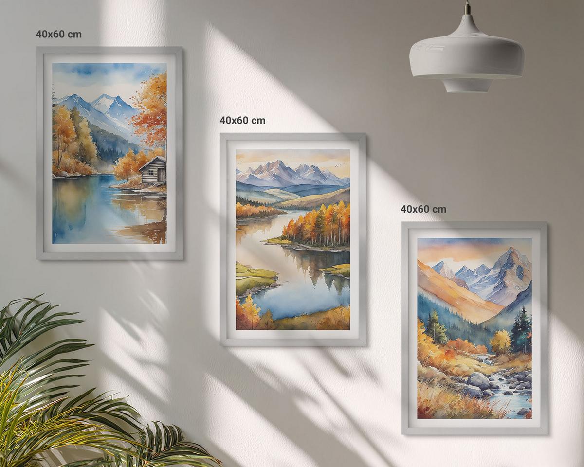 BILDER SET 3er Set - 40x60 cm Silberner Rahmen - Gebirgsflüsse, Herbstbäume - Silberfarben, Kunststoff (40/60cm) - TULUP
