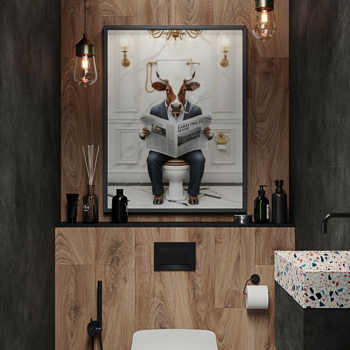 POSTER für WC Badezimmer KUH Bulle mit Zeitung auf Toilette Abstraktion 20x30cm - Gelb/Schwarz, Papier (20/30/30cm) - Muralo