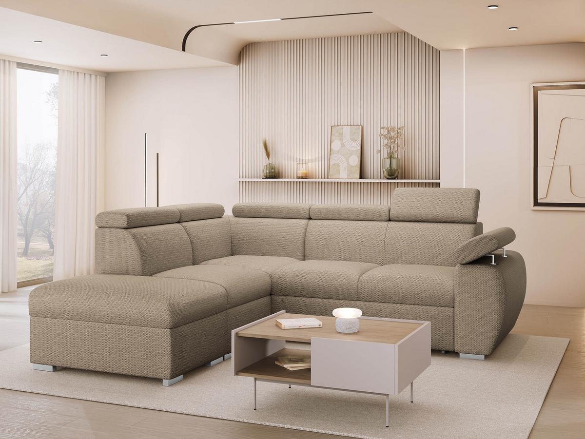 ECKSOFA Boston 2RR1P, Seite: Links PUFAP+R+1P(65)+2R - Hellbraun/Silberfarben, Holz/Textil (260/230cm) - MIRJAN24