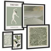 BILDER SET 5er Set - 50x50 cm & 20x30 cm & 40x60 cm Schwarzer Rahmen - Abstrakte Pflanzenmuster - Schwarz, Kunststoff (40/60cm) - TULUP