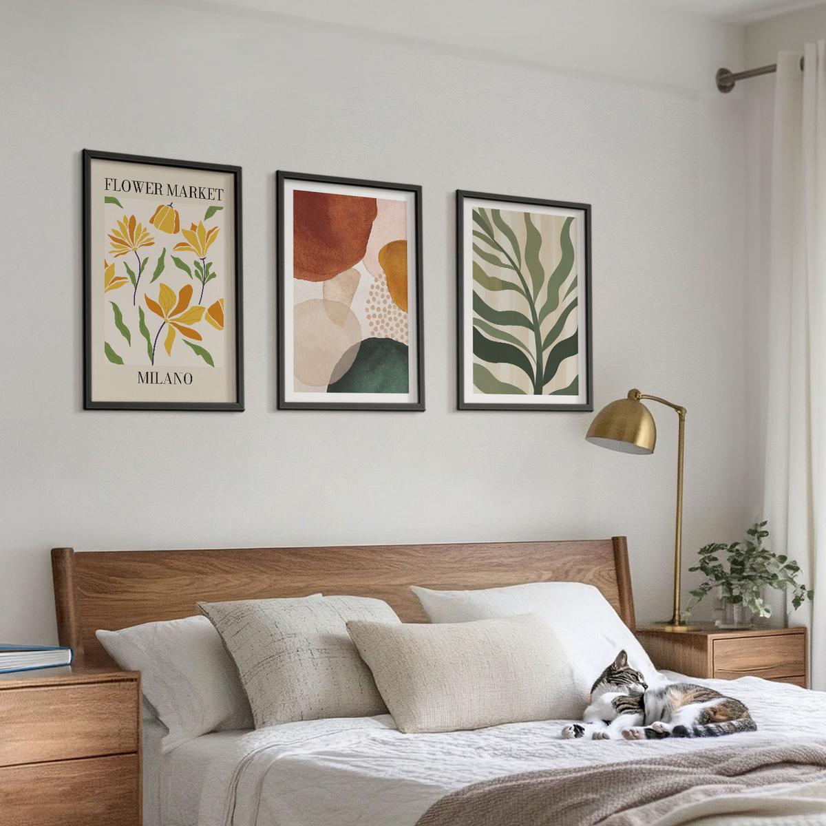 BILDER SET 3er Set - 40x60 cm Schwarzer Rahmen - Florale abstrakte Formen - Schwarz, Kunststoff (40/60cm) - TULUP
