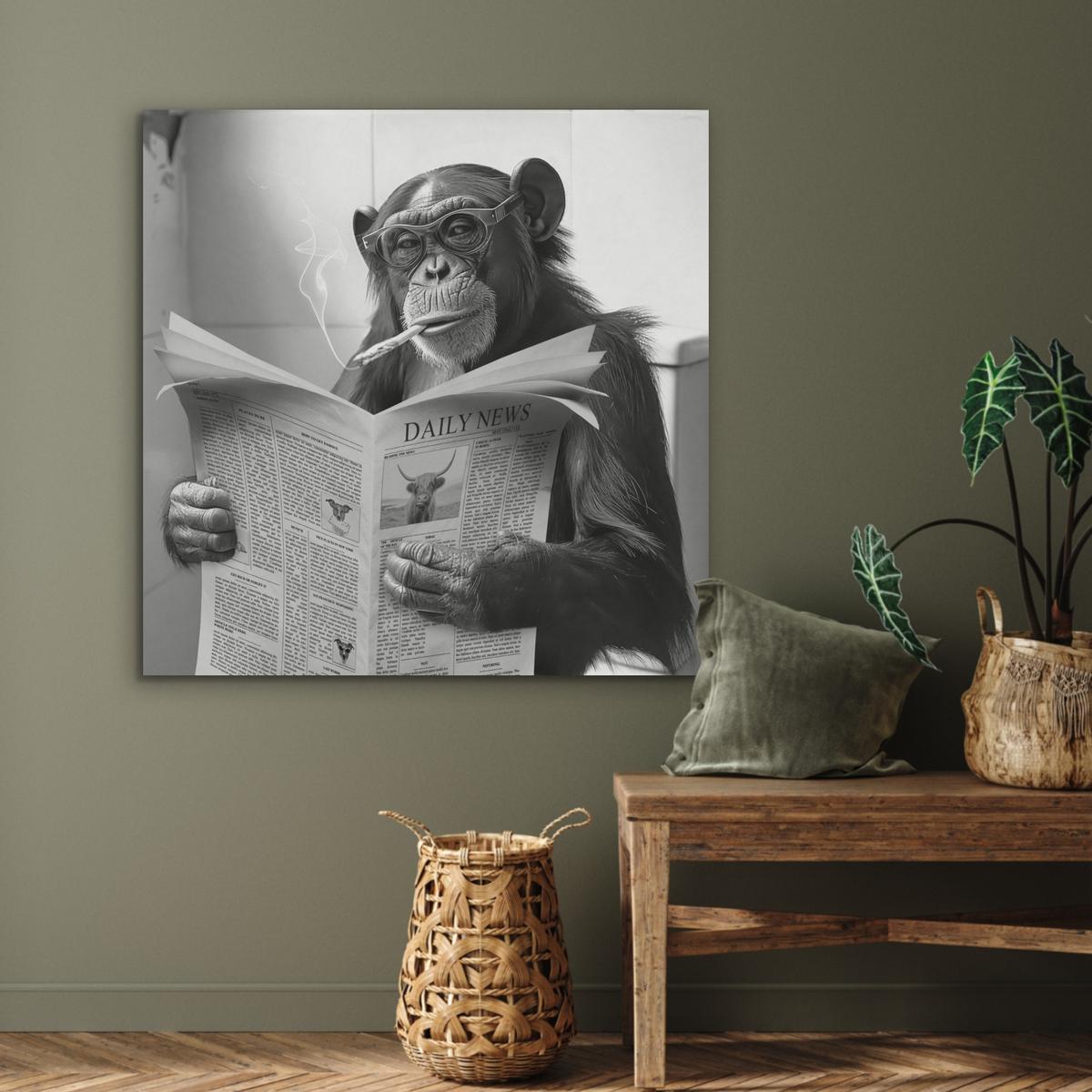AKUSTIKBILD Affe - WC - Zeitung - Schwarz-Weiß - Humor Akustikpaneele 90x90 cm - Hellgrau, Kunststoff (90/90/0.9cm) - MuchoWow