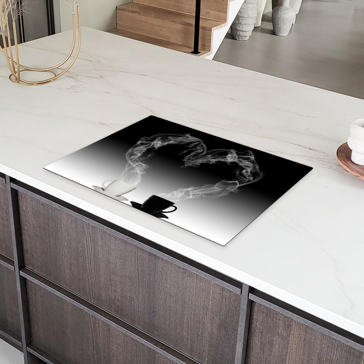 HERDABDECKPLATTE Kaffee - Herz - Schwarz und weiß - Tassen Herdabdeckung Induktionsfeld 75x52 cm - Weiß, Kunststoff (75/52/0.2cm) - MuchoWow