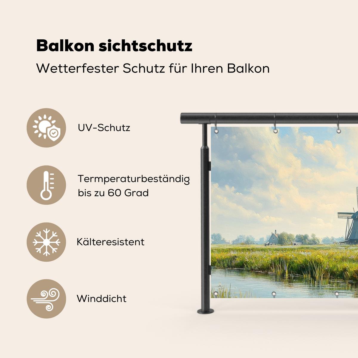 BALKON-SICHTSCHUTZ Kühe - Windmühle - Wiese - Blau Witterungsbeständig 200x110 cm - Grün, Kunststoff (200/110cm) - MuchoWow