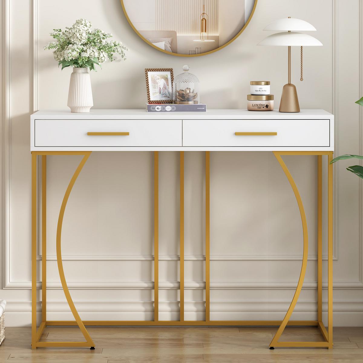 KONSOLENTISCH Golden und Weiß 110/32/85CM - Weiß, Holzwerkstoff/Metall (110/32/85cm) - Urban Meuble