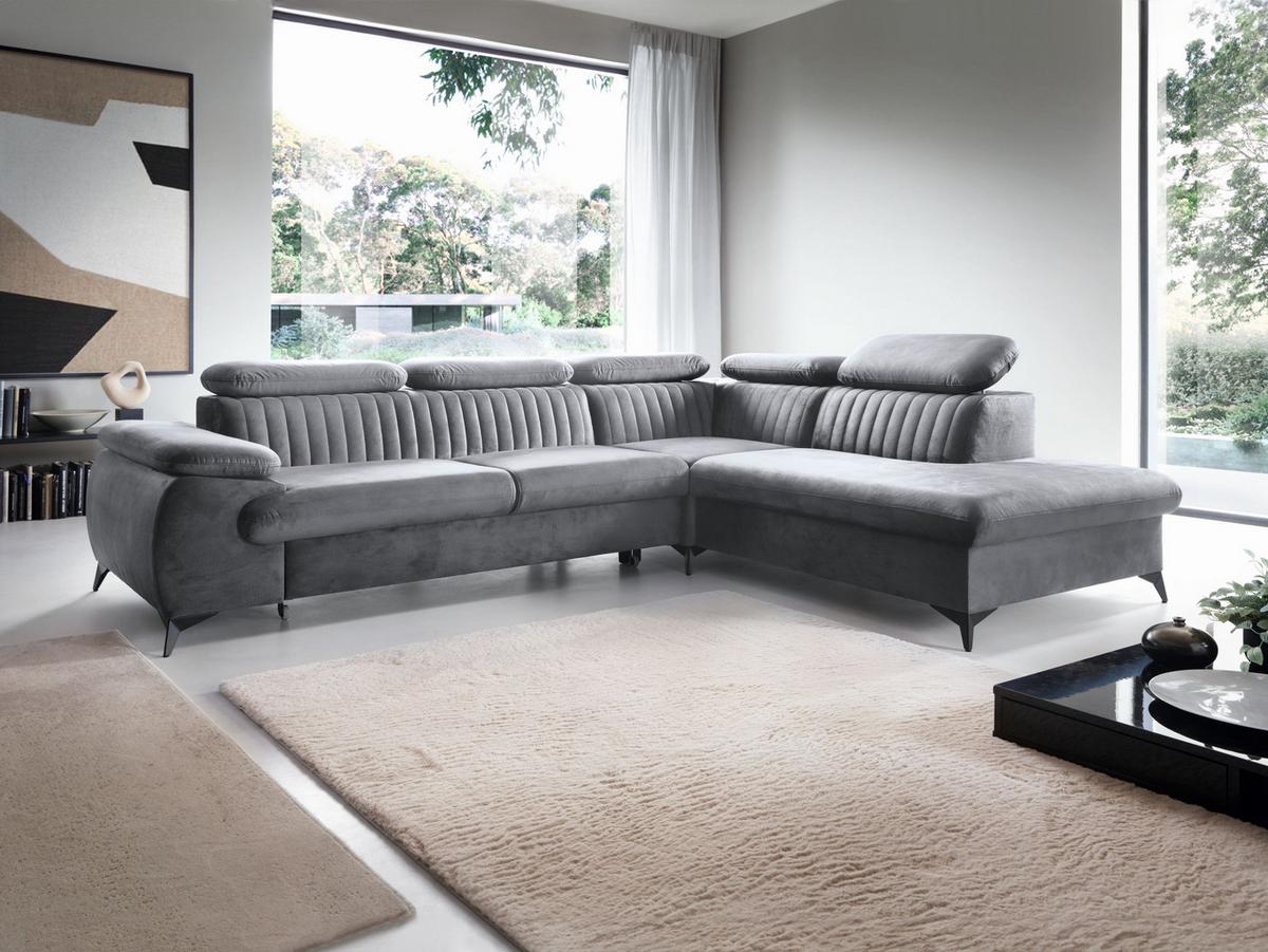 ECKSOFA FIORE Grau Velours-Stoff mit Schlaffunktion - Grau, Holz (280/193cm) - MASSENO