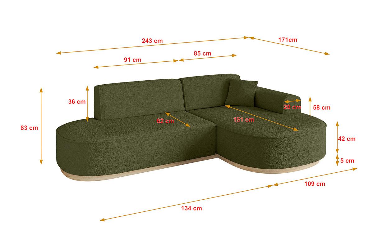 ECKSOFA Ottomane Rechts MARI-L1-v1 - 243x171x83 cm Grün Bouclé - Grün, Holzwerkstoff/Textil (171/243cm) - ALTDECOR
