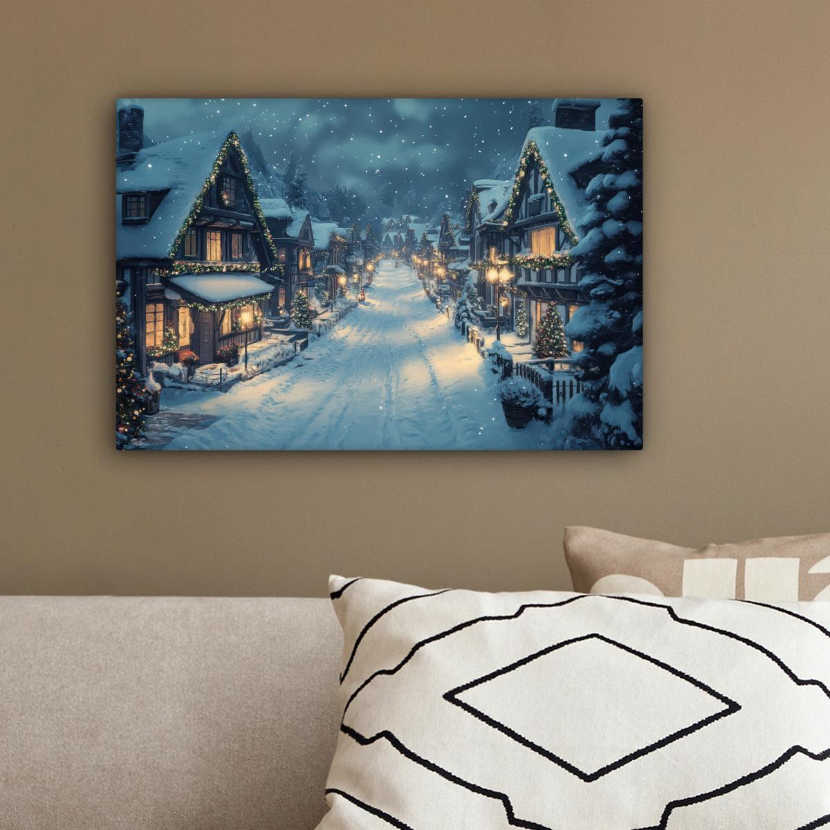 LEINWANDBILD Weihnachtsdorf - Weihnachten - Schnee - Winter Deko Schlafzimmer 30x20 cm - Dunkelblau, Textil (30/20cm) - MuchoWow