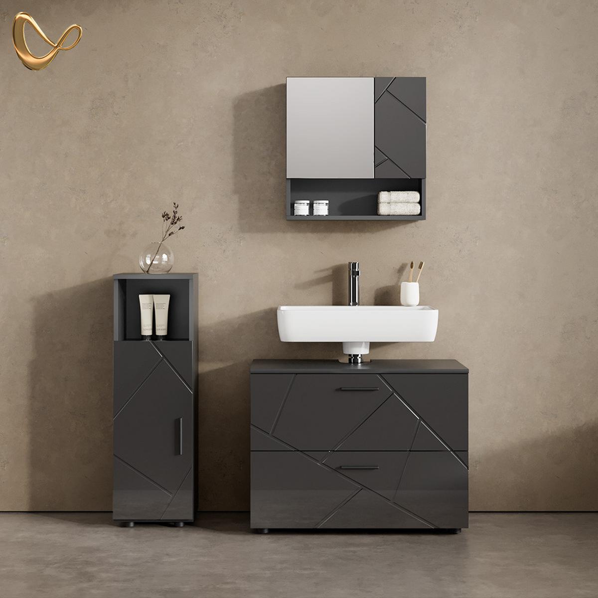 BADMÖBEL-SET Ronco Anthrazit Hochglanz 3 Teile, mit Midischrank - Schwarz Hochglanz, Holzwerkstoff (80/58/41cm) - Livinity®