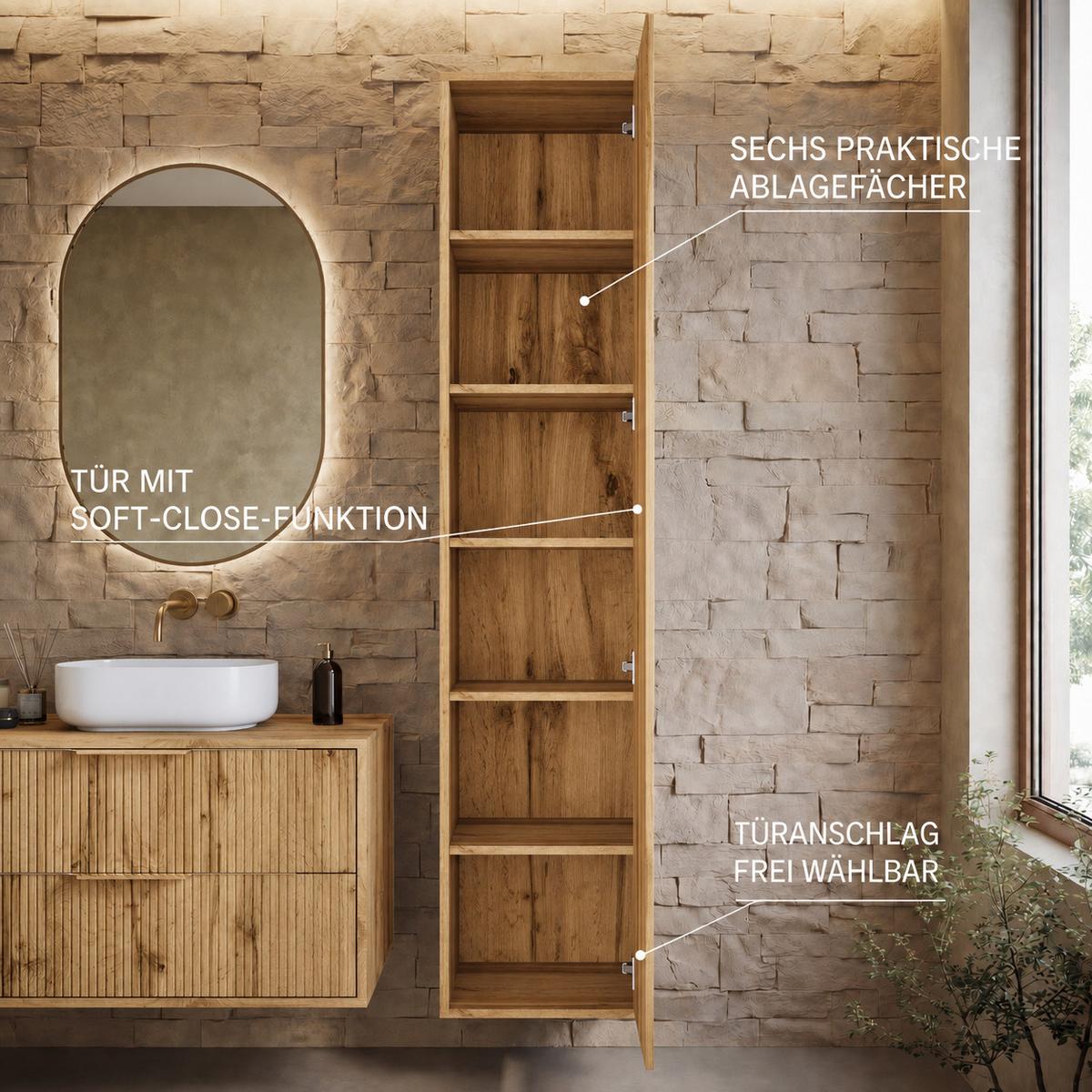 BADEZIMMERSCHRANK Rimini mit 1 Tür Eiche - 38 x 33 x 170 cm - Eichefarben, Holz (38/170/33cm) - Badplaats
