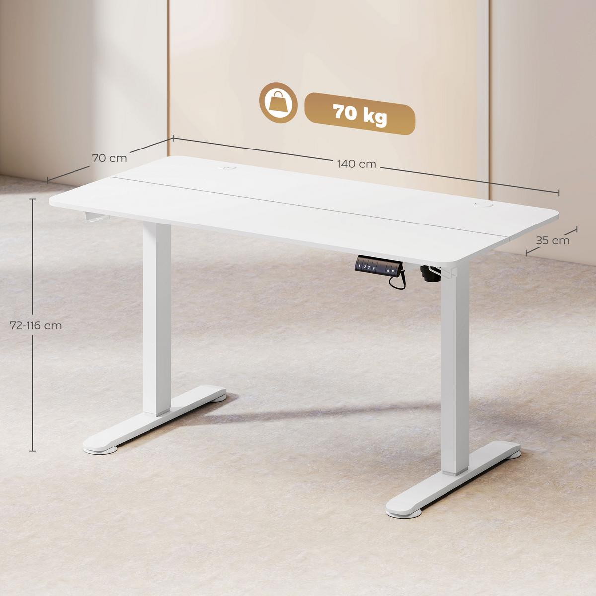 HÖHENVERSTELLBARER Schreibtisch 140 x 70cm Elektrisch Computertisch mit Haken - Weiß, Kunststoff (140/70/116cm) - Vinsetto
