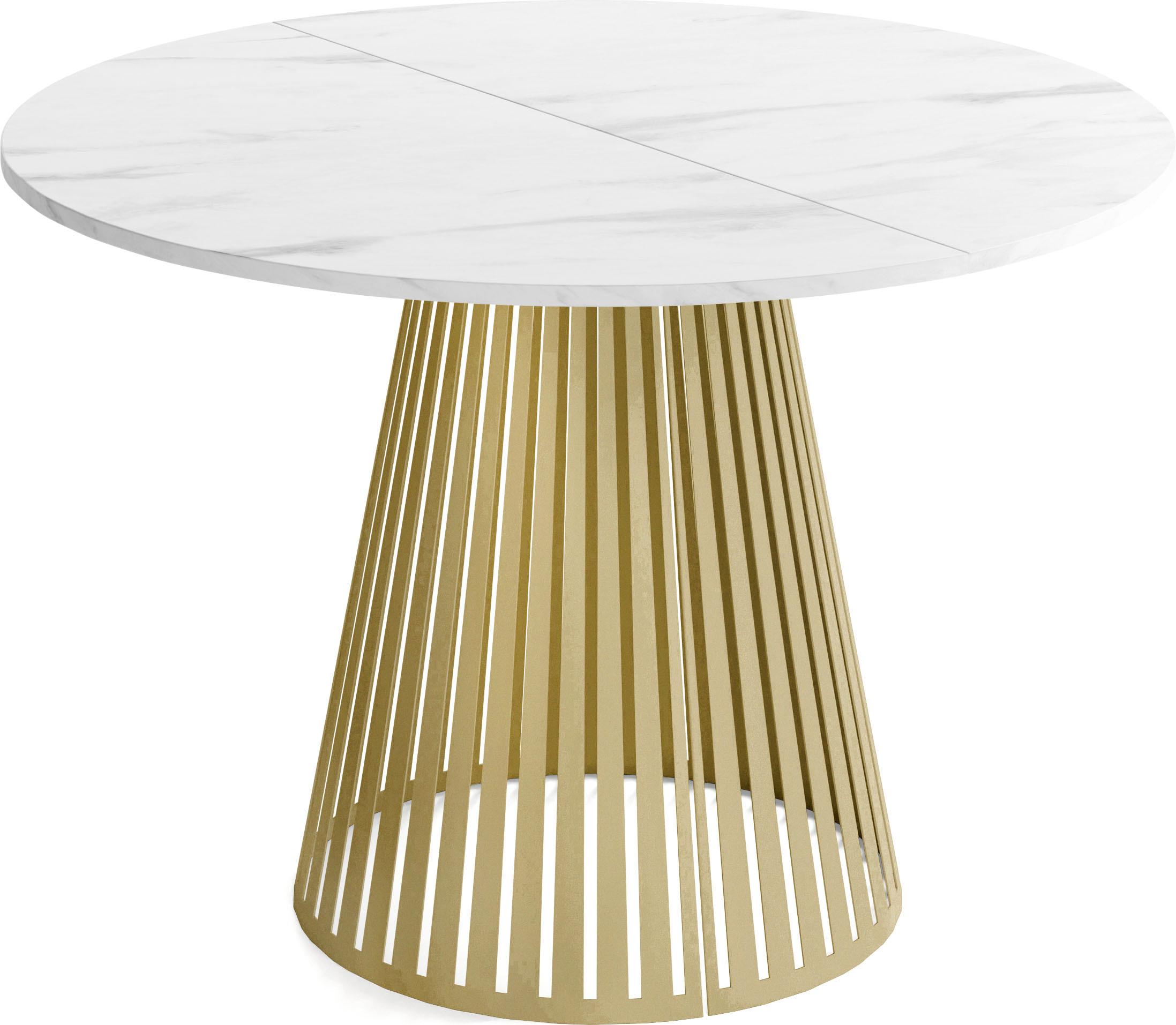 ESSTISCH Naro rund ausziehbar mit Goldenem Lamellen-Metallgestell, Marmor Weiß 120-200/120/76 cm - Ecru/Goldfarben, Holzwerkstoff/Metall (120/196/76cm) - WFL GROUP