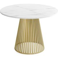 ESSTISCH Naro rund ausziehbar mit Goldenem Lamellen-Metallgestell, Marmor Weiß 120-200/120/76 cm - Ecru/Goldfarben, Holzwerkstoff/Metall (120/196/76cm) - WFL GROUP