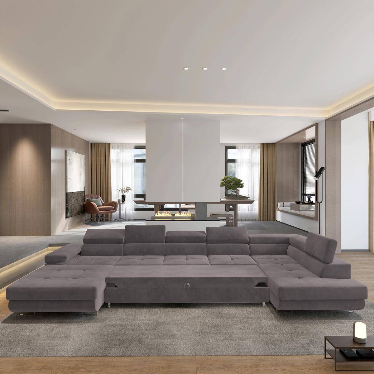 WOHNLANDSCHAFT TORIVA R-S Lila Velours-Stoff mit Schlaffunktion - Lila, Holz (418/90/202cm) - MASSENO