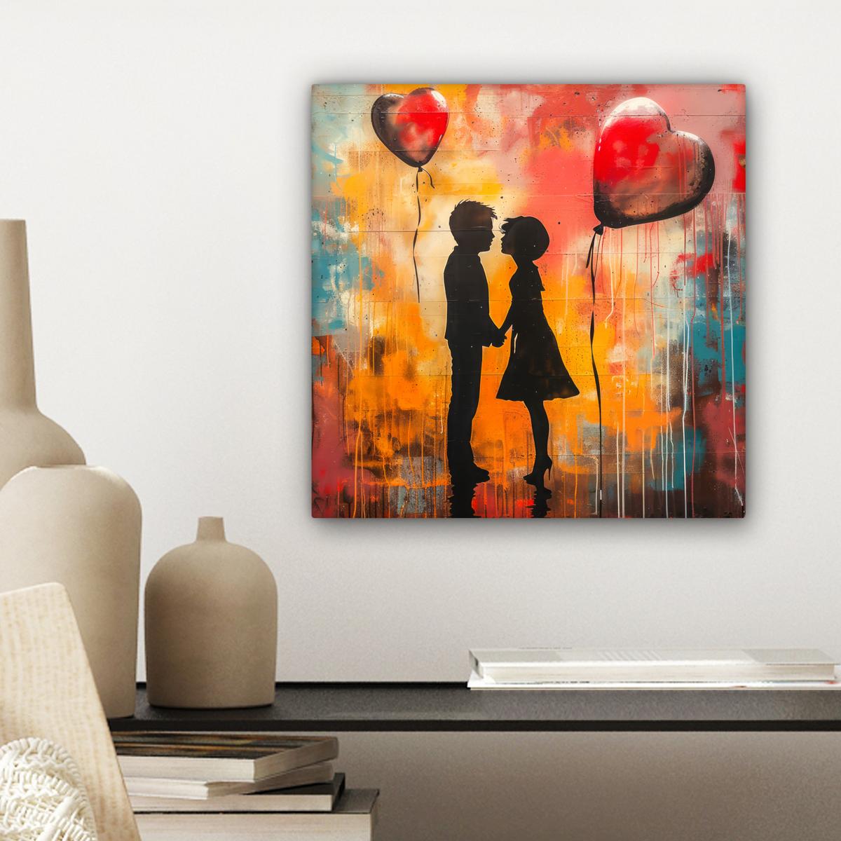 LEINWANDBILD Straßenkunst - Liebe - Graffiti - Kunst - Banksy Deko Wohnzimmer 20x20 cm - Orange, Textil (20/20cm) - MuchoWow