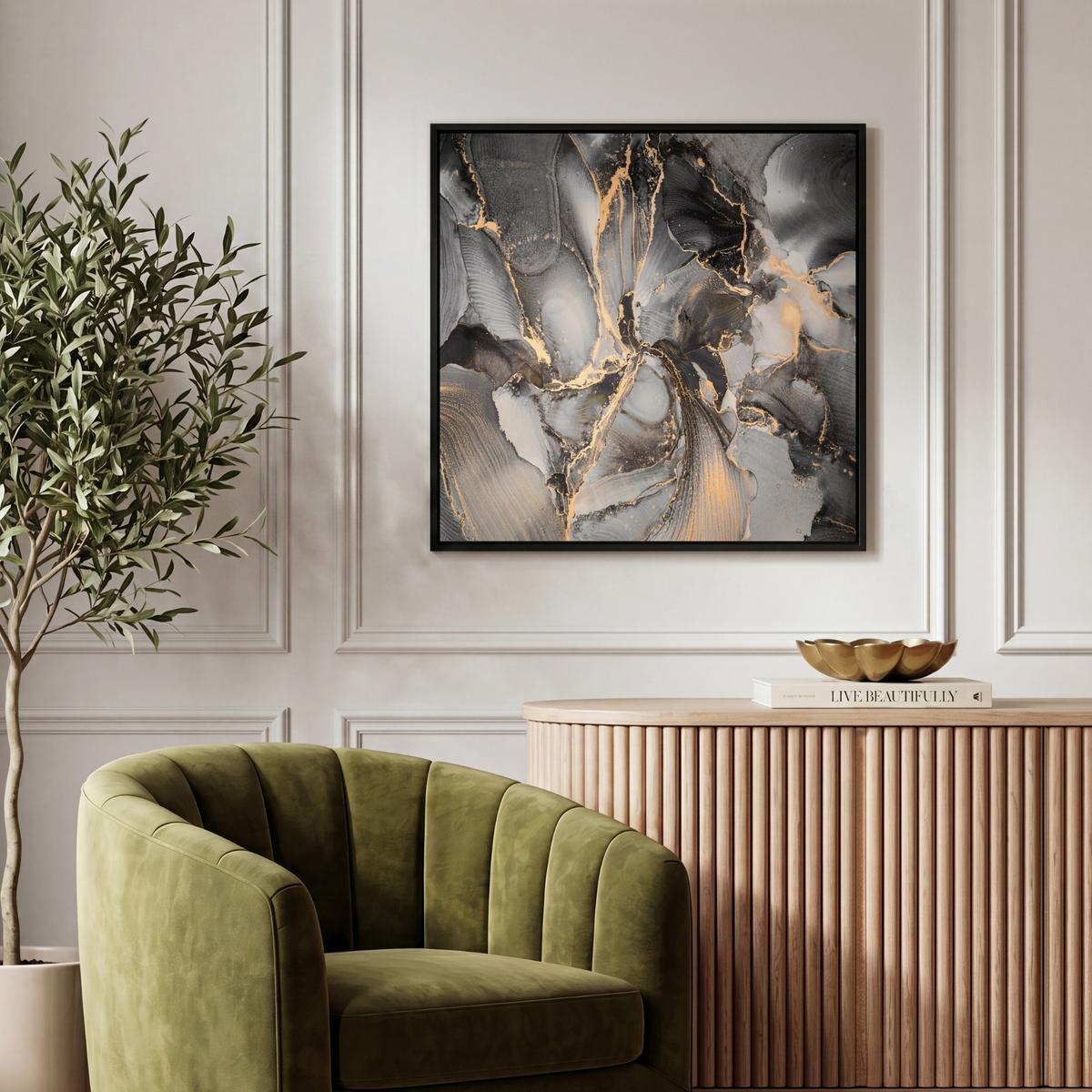 LEINWAND Bilder mit Rahmen - Grau - Luxus - Gold - Marmor - 50x50 - Dunkelgrau, Textil (50/50cm) - MuchoWow